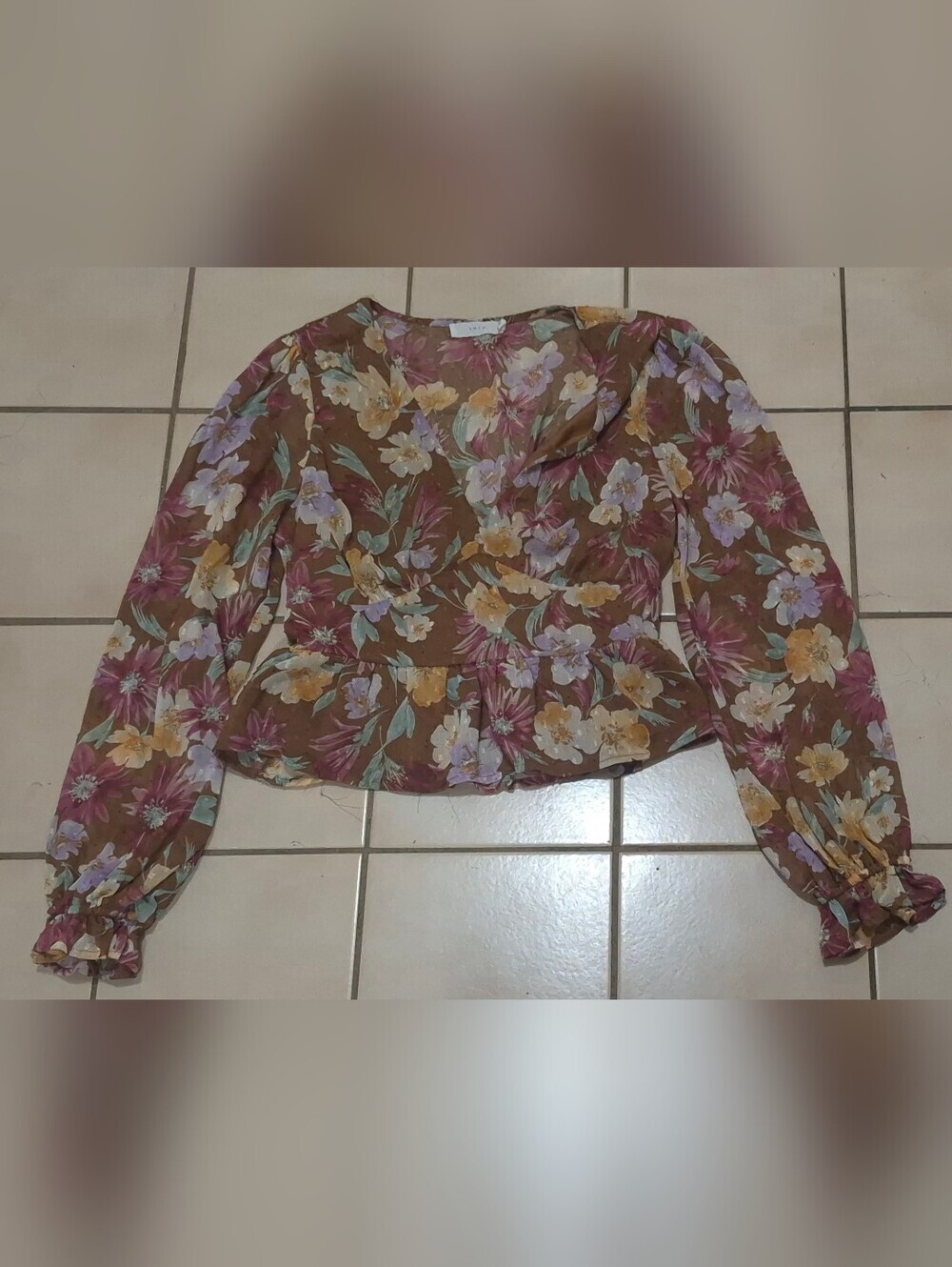 Lush Mocha Multi Floral Peplum Blouse | Size Small
